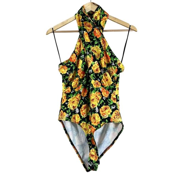 NWT Zara Bodysuit Womens L Yellow Floral Halter Neck Backless Boho Feminine - Picture 5 of 8